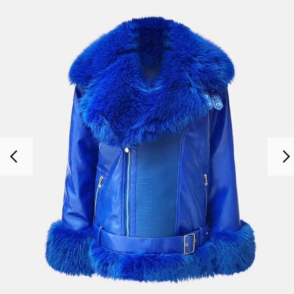 OW blue fur bomber jacket faux leather croc embossed biker moto winter Revolve L